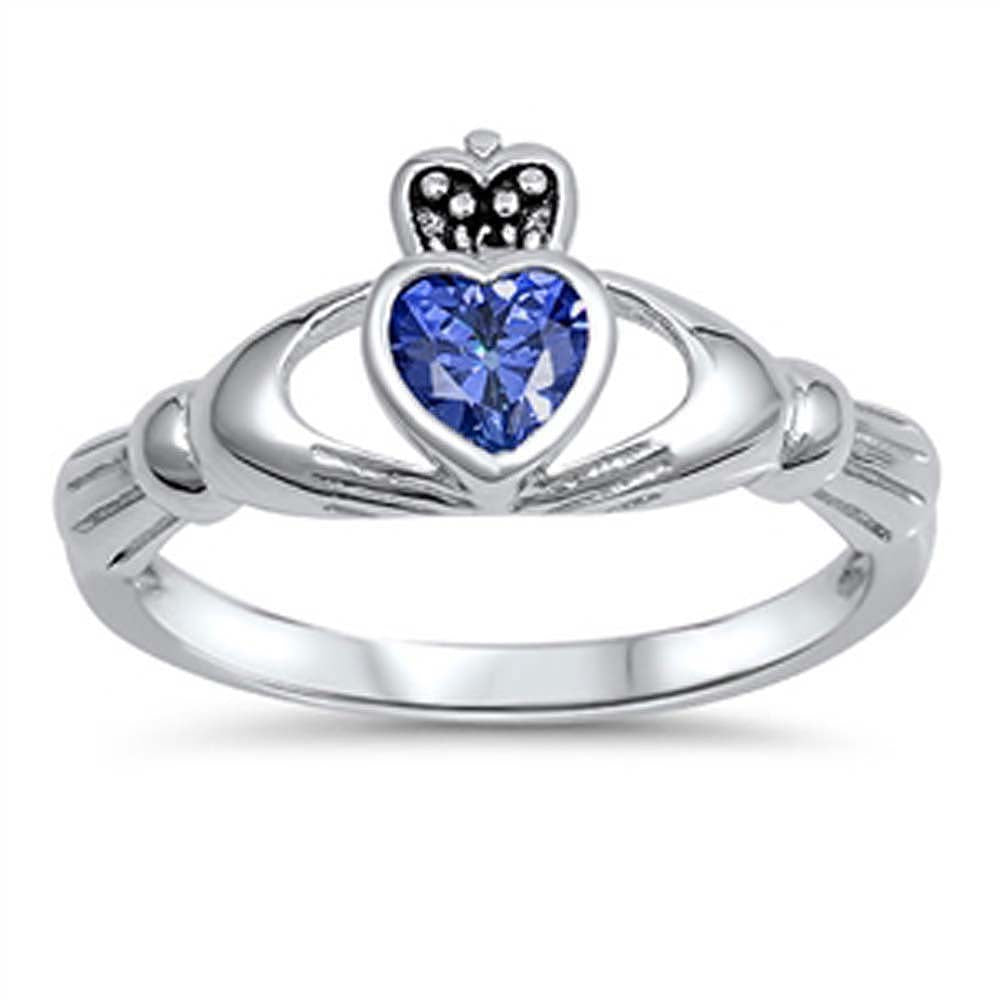 Sterling Silver Blue Sapphire Cz Stone Claddagh Ring with Face Height of 10MM