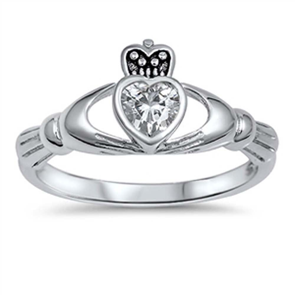 Sterling Silver Clear Cz Stone Claddagh Ring with Face Height of 10MM