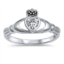 Load image into Gallery viewer, Sterling Silver Fancy Clear Cz Stone Claddagh Ring with Face Heigt of 10MM