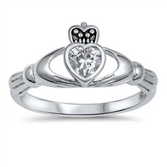 Sterling Silver Fancy Clear Cz Stone Claddagh Ring with Face Heigt of 10MM