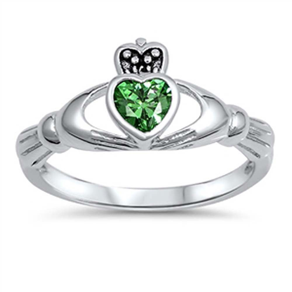 Sterling Silver Emerald Cz Stone Claddagh Ring with Face Height of 10MM