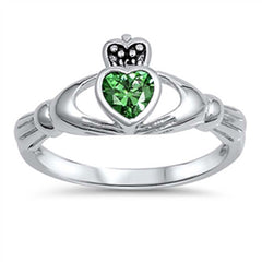 Sterling Silver Fancy Emerald Cz Stone Claddagh Ring with Face Heigt of 10MM