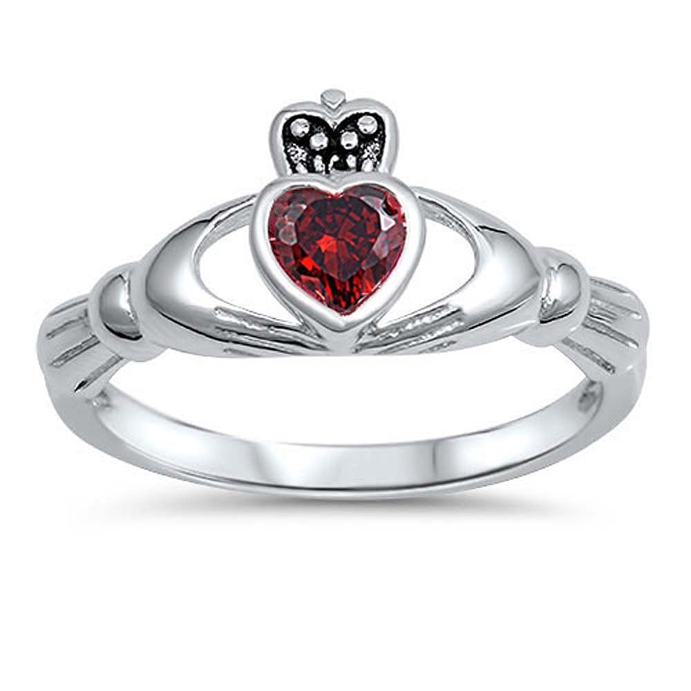 Sterling Silver Garnet Cz Stone Claddagh Ring with Face Height of 10MM