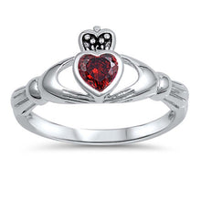 Load image into Gallery viewer, Sterling Silver Fancy Garnet Cz Stone Claddagh Ring with Face Heigt of 10MM