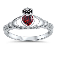 Sterling Silver Fancy Garnet Cz Stone Claddagh Ring with Face Heigt of 10MM