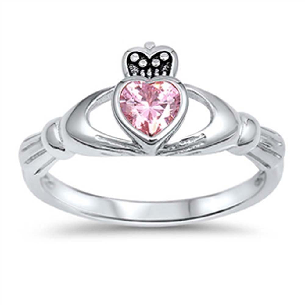 Sterling Silver Pink Cz Stone Claddagh Ring with Face Height of 10MM