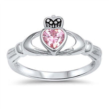 Load image into Gallery viewer, Sterling Silver Fancy Pink Cz Stone Claddagh Ring with Face Heigt of 10MM
