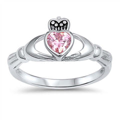 Sterling Silver Fancy Pink Cz Stone Claddagh Ring with Face Heigt of 10MM