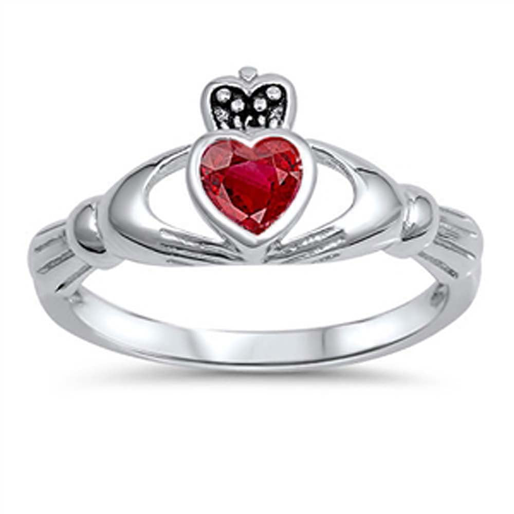 Sterling Silver Ruby Cz Stone Claddagh Ring with Face Height of 10MM