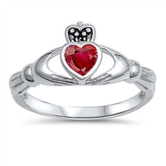 Sterling Silver Fancy Ruby Cz Stone Claddagh Ring with Face Heigt of 10MM