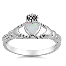Load image into Gallery viewer, Sterling Silver White Lab Opal Claddagh Ring with Face Height of 10MM