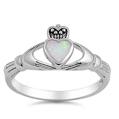 Sterling Silver White Lab Opal Claddagh Ring with Face Height of 10MM