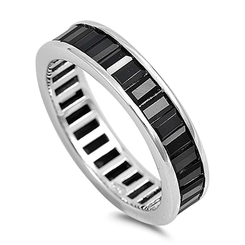 Sterling Silver Baguette Cut Black CZ Eternity Ring with Ring Band Width of 5MM
