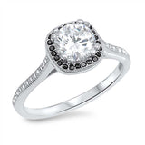 Sterling Silver Classy Round Cut Clear Cz with Pave Black Cz Square Halo Setting RingAnd Face Heigth of 9MM