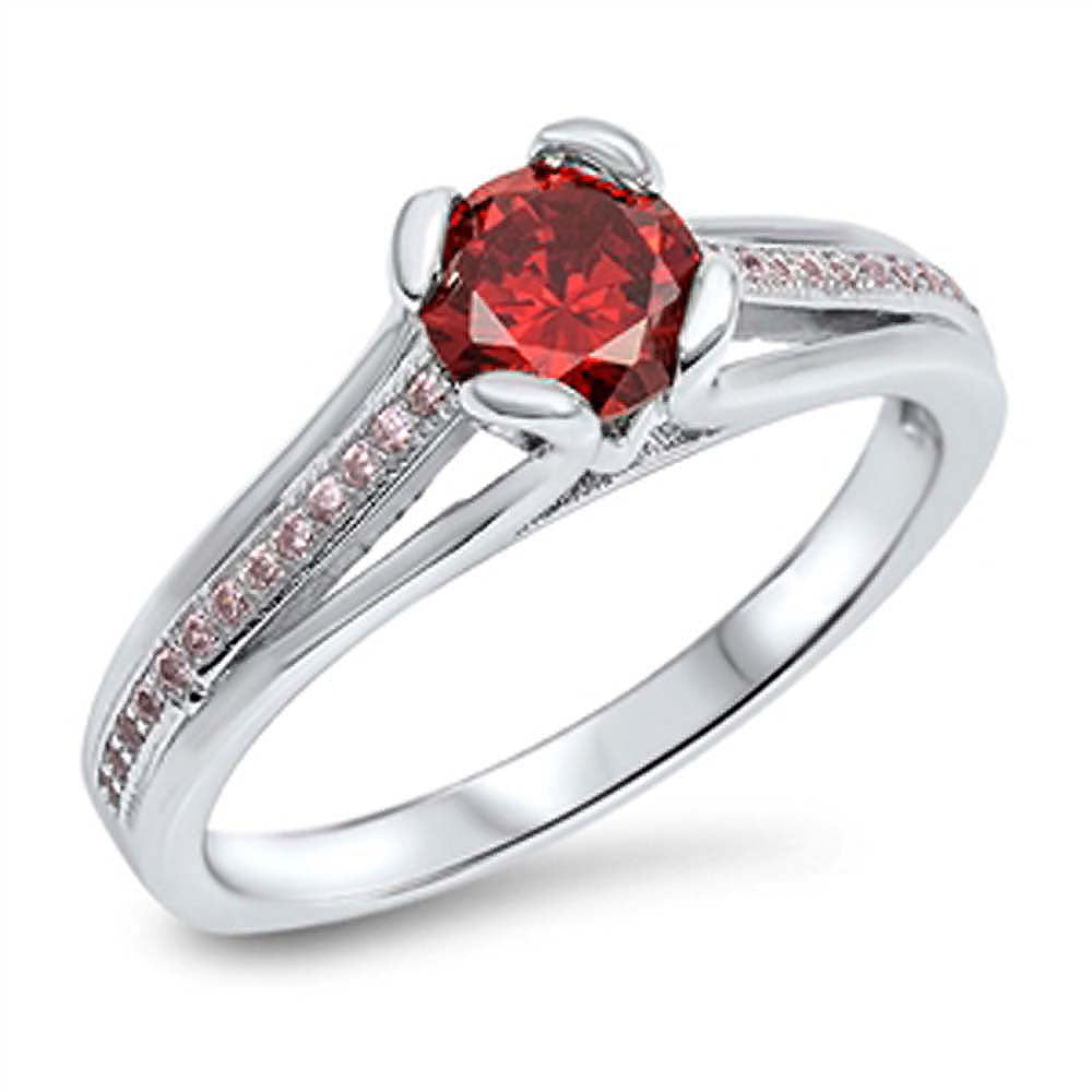 Sterling Silver Fancy Round Cut Garnet Cz Embedded with Pink Cz Stones on Split Band RingAnd Center Stone Size of 6MM