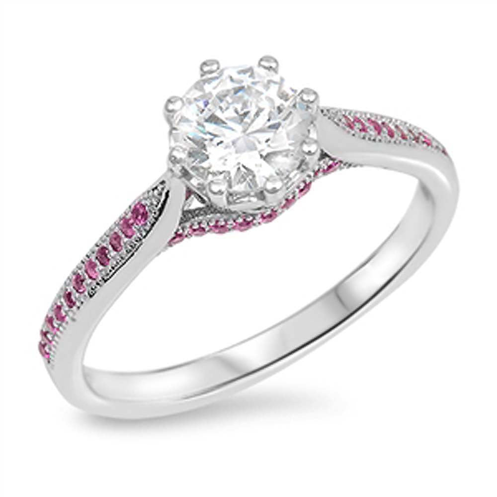 Sterling Silver Facny Solitaire Round Cut Clear Cz Stone Pave Pink Cz Band Ring with Center Stone Size of 7MM