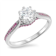 Load image into Gallery viewer, Sterling Silver Facny Solitaire Round Cut Clear Cz Stone Pave Pink Cz Band Ring with Center Stone Size of 7MM