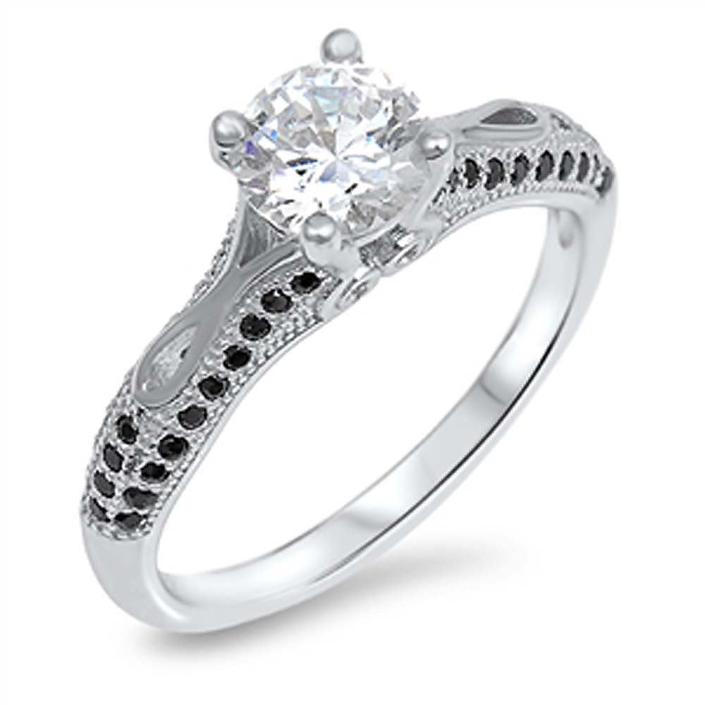 Sterling Silver Elegant Solitaire Round Cut Clear Cz Embedded with Black Cz Stones on Band RingAnd Face Height of 6MM