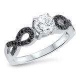 Sterling Silver Centered Round Cut Clear Cz Stone with Pave Black Cz Infinity Design RingAnd Face Height of 6MM