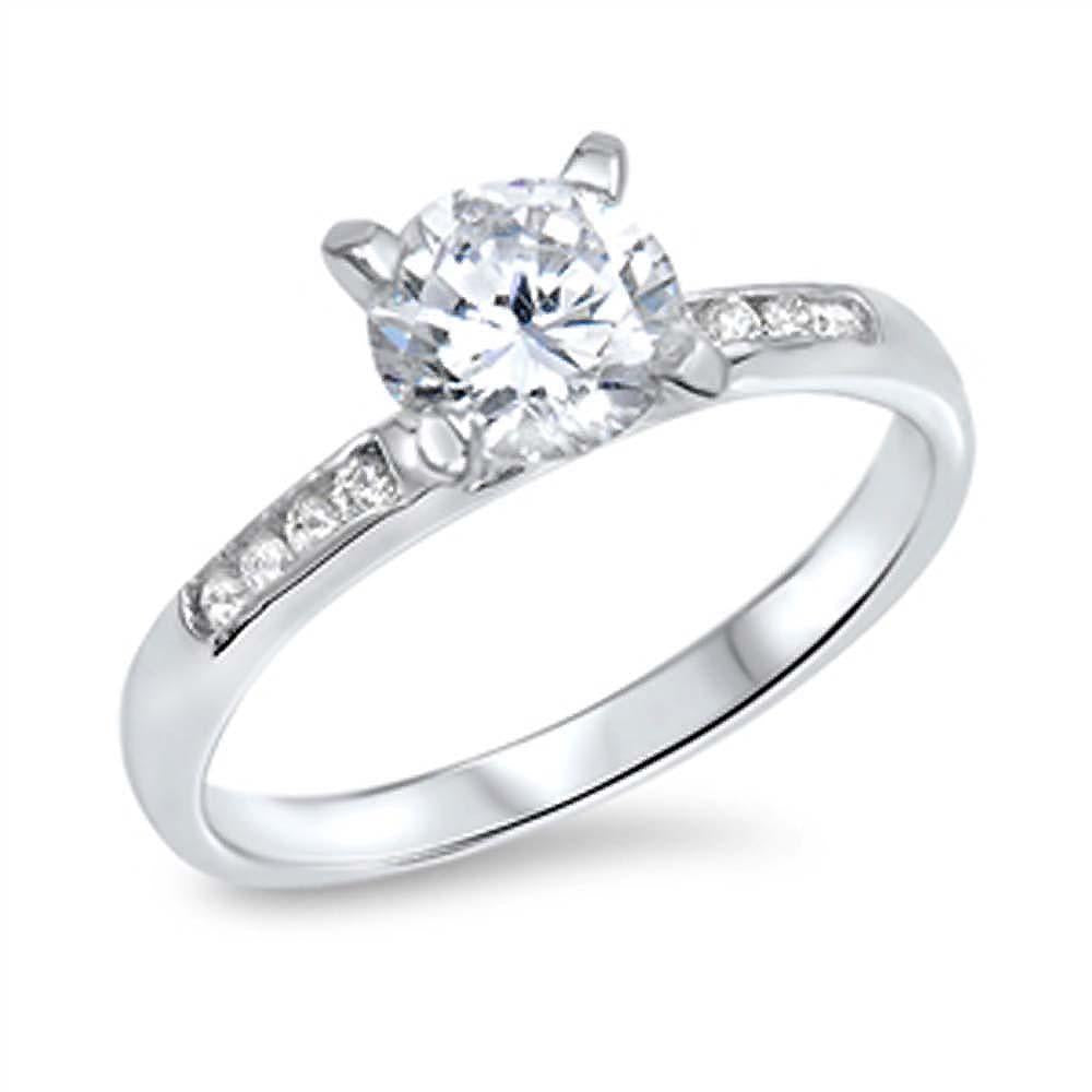 Sterling Silver Pave-Set Clear Cz Ring with a 7MM Prong-Set Round-Cut Clear Cz in the Center