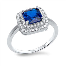 Load image into Gallery viewer, Sterling Silver Clear Cz Ring with a Prong-Set Princess-Cut Blue Sapphire Cz in the CenterAnd Ring Face Height of 12MM