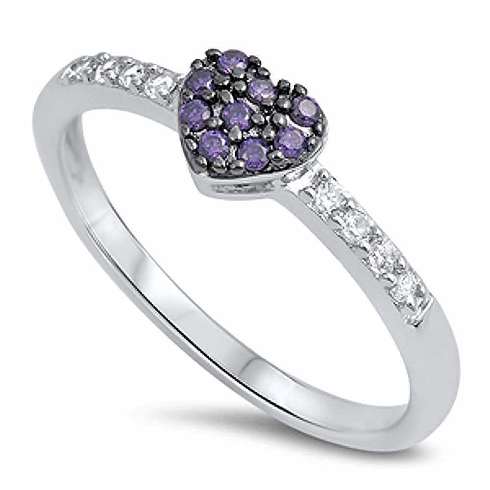 Sterling Silver Small Amethyst Cz Heart Ring with Clear Cz AccentAnd Face Height of 5MM