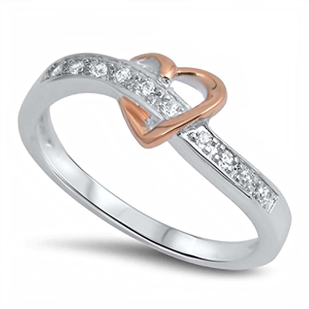 Sterling Silver Rose Gold Plated Small Open Heart Ring with Lined Clear Cz StonesAnd Face Height of 11MM