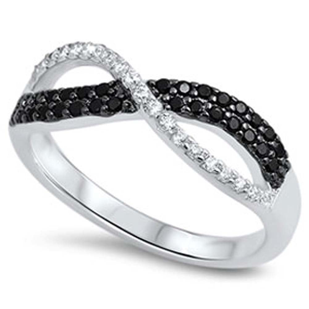 Sterling Silver Trendy Pave Clear and Black Cz Infinity Band Ring with Face Height of 6MM