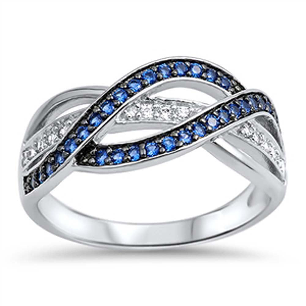 Sterling Silver Fancy Overlap Ring Embedded with Blue Sapphire and Clear Cz StonesAnd Face Height of 10MM