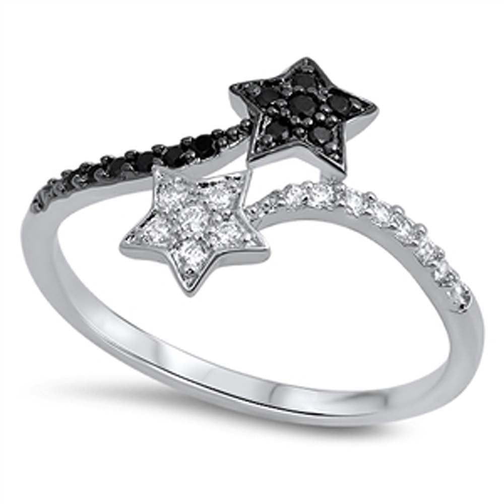 Sterling Silver Fancy Micro Pave Clear and Black Cz Two Shooting Stars Ring with Face Height of 13MM