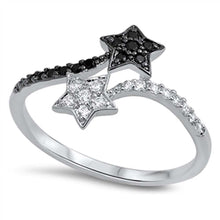 Load image into Gallery viewer, Sterling Silver Fancy Micro Pave Clear and Black Cz Two Shooting Stars Ring with Face Height of 13MM