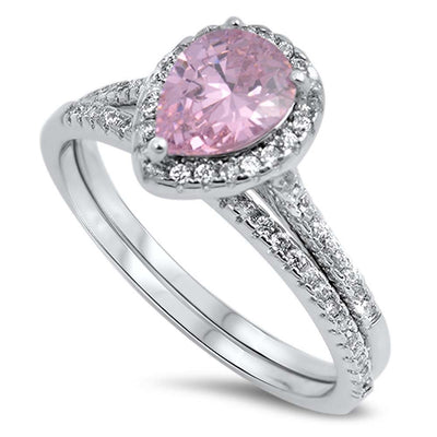 Sterling Silver Fancy Pearshape Pink Cz with Pave Halo Setting Micro Pave 2-Pcs Engagement RingAnd Center Stone Size of 8MMAnd Band Width: 3MM