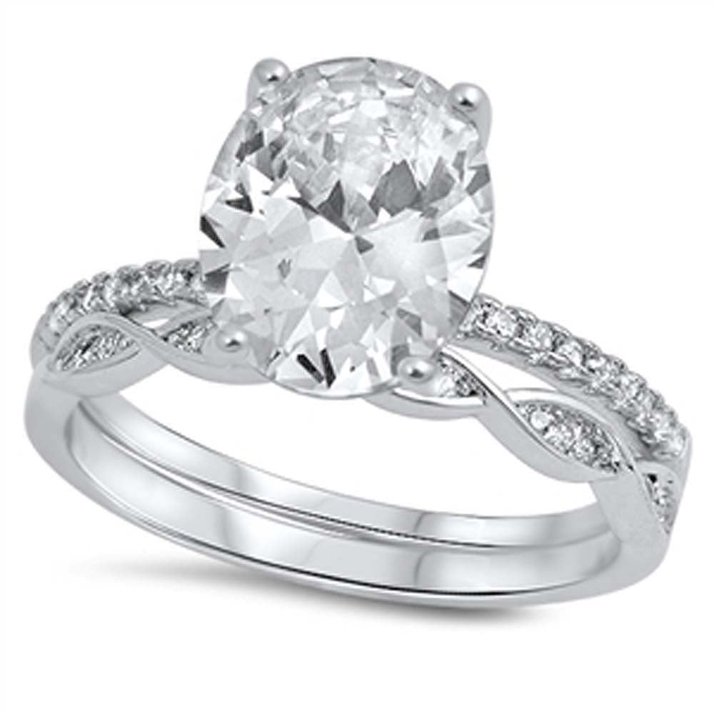 Sterling Silver Fancy Large Oval Cut Clear Cz Pave 2-Pcs Infinity Engangement Ring with Center Stone Size of 11MMAnd Band Width: 3MM
