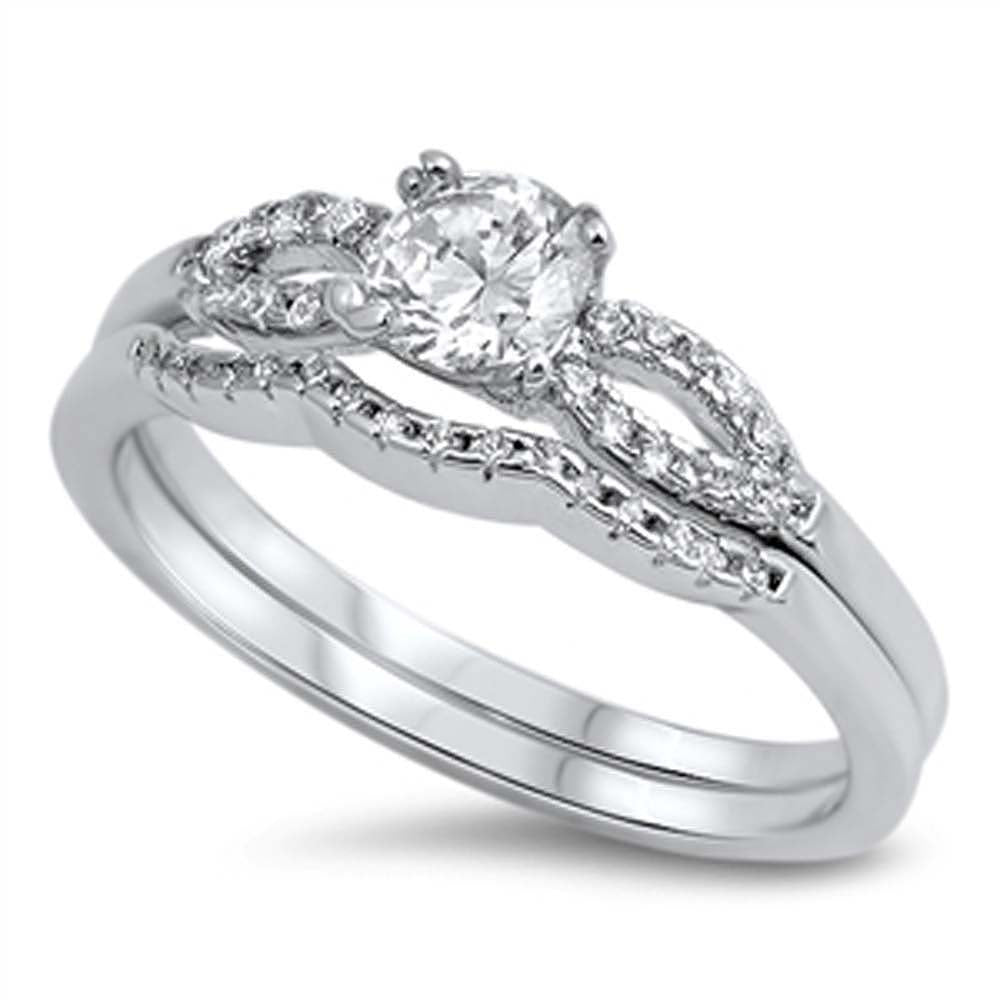 Sterling Silver Fancy Round Cut Clear Cz 2-Pcs Engangement Ring Embedded with Clear Cz StonesAnd Center Stone Size of 5MMAnd Band Width: 5MM