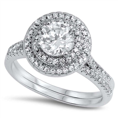 Sterling Silver Stylish Round Cut Clear Cz with Double Pave Halo Setting 2-Pcs Engangement Ring Inlaid with Clear Cz StonesAnd Center Stone Size of 6MM