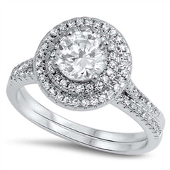 Sterling Silver Stylish Round Cut Clear Cz with Double Pave Halo Setting 2-Pcs Engangement Ring Inlaid with Clear Cz StonesAnd Center Stone Size of 6MM