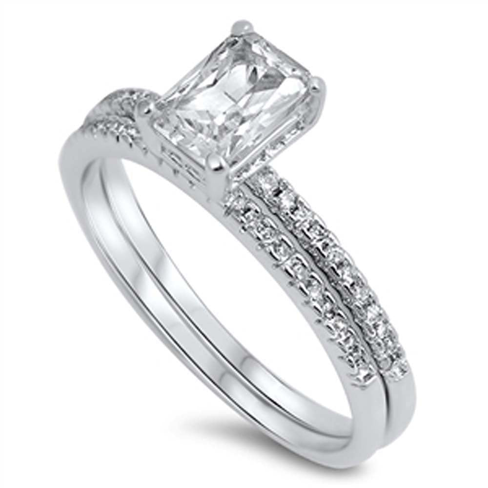 Sterling Silver Radiant Cut Clear Cz Micro Pave 2-Pcs Engagement Ring with Center Stone Size of 7MMAnd Band Width: 3MM