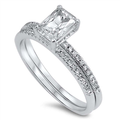 Sterling Silver Classy Radiant Cut Clear Cz Micro Pave 2-Pcs Engangement Ring with Center Stone Size of 7MMAnd Band Width: 3MM
