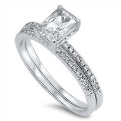 Sterling Silver Classy Radiant Cut Clear Cz Micro Pave 2-Pcs Engangement Ring with Center Stone Size of 7MMAnd Band Width: 3MM