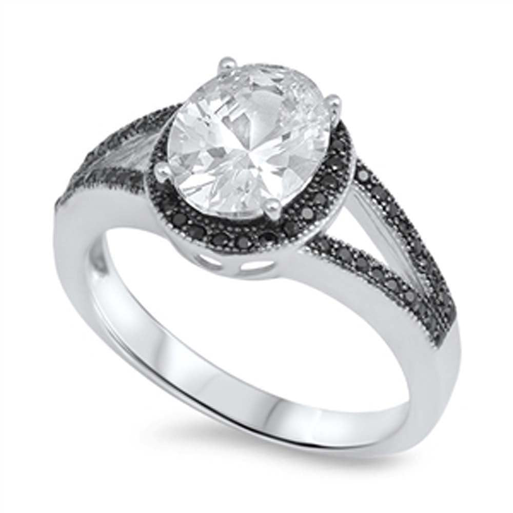 Sterling Silver Black Cz  Split Band Ring with a Prong-Set Oval-Cut Clear Cz in the CenterAndRing  Face Height of 11MM