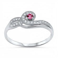 Load image into Gallery viewer, Sterling Silver Clear Cz and Prong-Set Round-Cut Ruby Cz Twisting Split Band Ring with Ring Face Height of 8MM