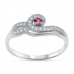 Sterling Silver Clear Cz and Prong-Set Round-Cut Ruby Cz Twisting Split Band Ring with Ring Face Height of 8MM