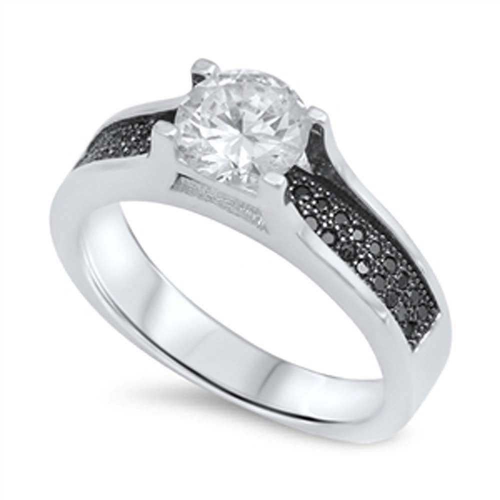 Sterling Silver Black Cz Ring with a Prong-Set Round-Cut Clear Cz in the CenterAnd Ring Face Height of 6MM