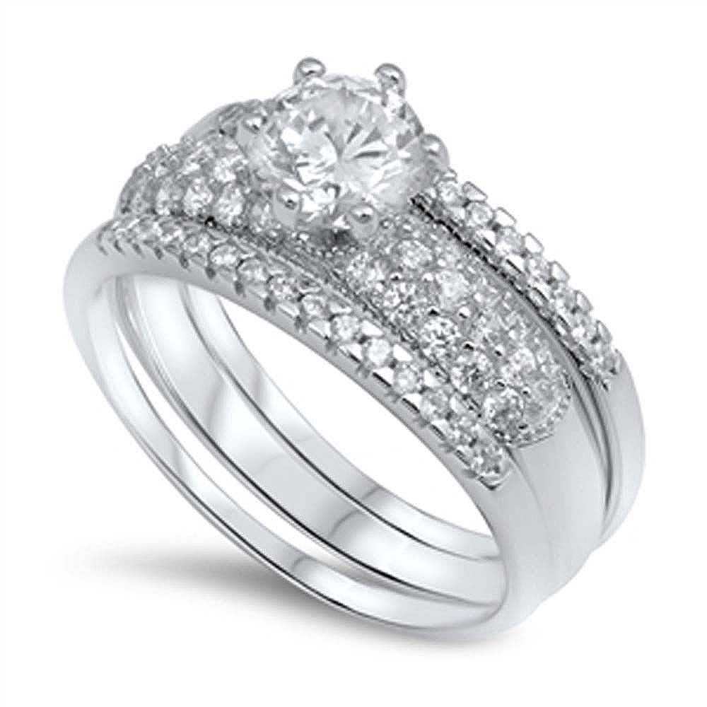 Sterling Silver Pave-Set Round-Cut Clear Cz Engagement Ring, Face Height of 8MM