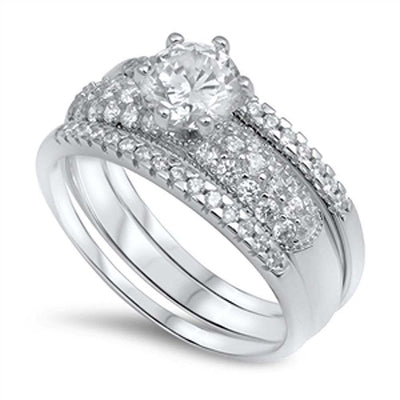 Sterling Silver Pave-Set Round-Cut Clear Cz Engagement Ring, Face Height of 8MM