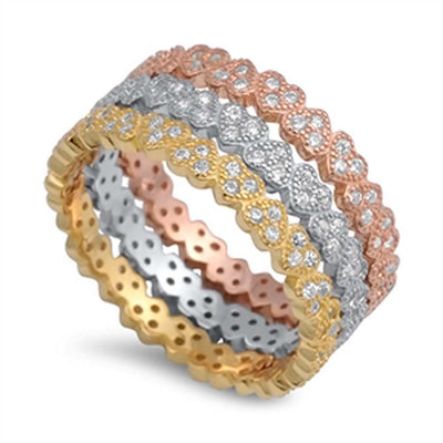 Sterling Silver Clear Cz Triple Multi-Colored Heart Band Ring with Ring Face Height of 3MM Each