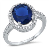 Sterling Silver Fancy Oval Cut Blue Sapphire Cz with Pave Halo Setting RingAnd Face Height of 15MM