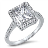 Sterling Silver Fancy Radiant Cut Clear Cz with Pave Halo Setting RingAnd Face Height of 12MM