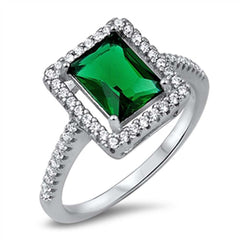 Sterling Silver Fancy Radiant Cut Emerald Cz with Pave Halo Setting RingAnd Face Height of 12MM