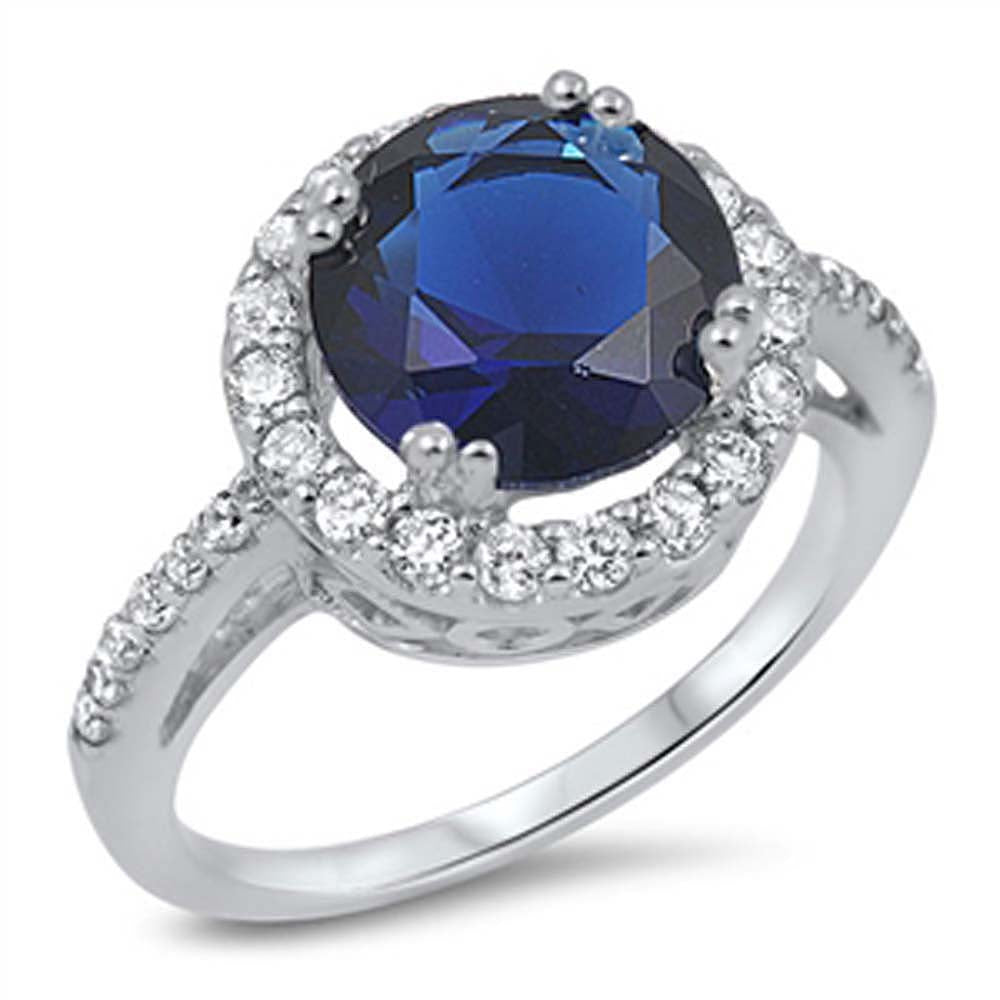 Sterling Silver Fancy Round Cut Blue Sapphire Cz with Pave Halo Setting RingAnd Face Height of 14MM